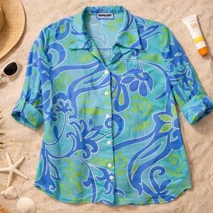 Dana Kay Button Down Blouse Blue Green Floral Swirl Print Sheer Top